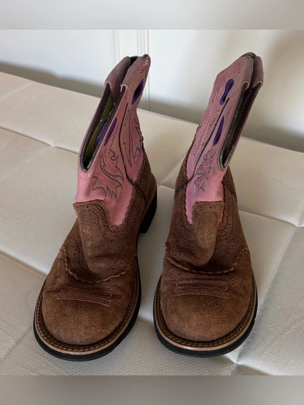 Ariat Girls Western Cowboy Boots Pink Brown Distressed Leather Size 6.5Y